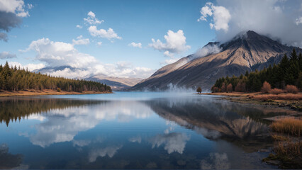 A serene lake reflects snow-capped mountains and pine trees under a cloudy sky, creating a tranquil and picturesque landscape.