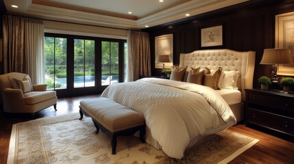 Elegant bedroom with a king-size bed, a tufted headboard, a plush armchair, a large window with French doors, a rug, and a bench at the foot of the bed.