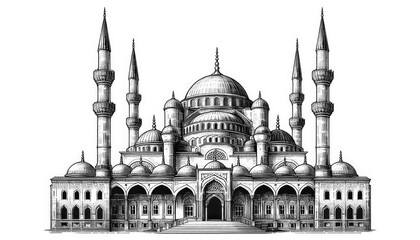 Fototapeta premium Mosque islamic religion building line art sketch engraving illustration. Black and white hand drawn image.