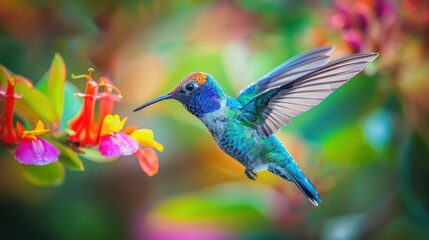 Fototapeta premium A Vibrant Hummingbird Gracefully Feeds on Nectar from Colorful Blossoms in a Lush Garden Setting