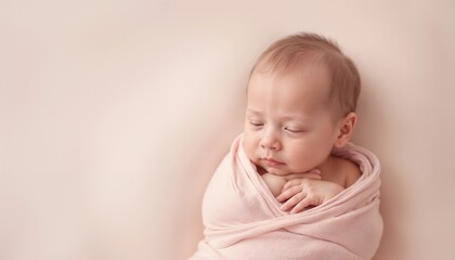 Peaceful newborn baby sleeping wrapped in pink blanket against soft beige background with copy space