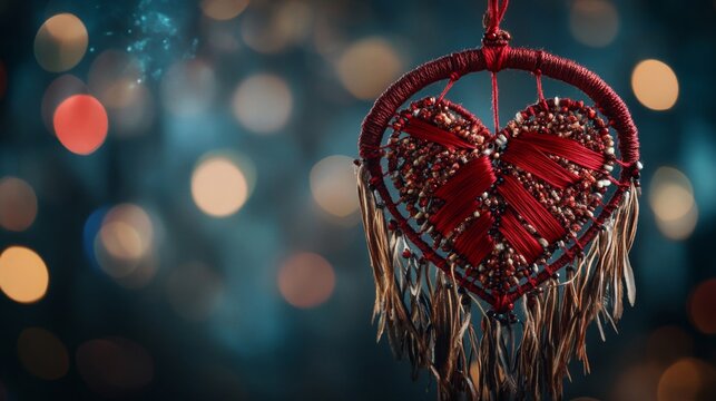 Red Heart Dreamcatcher with Feathered Tassels