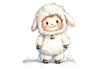 A child in a lamb outfit with curly wool patterns and a bell, looking sweet and cuddly, watercolor on white, kid, lamb costume