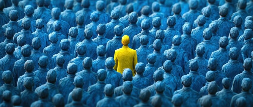 Crowd, individuality, contrast, colors, uniqueness, standing out, isolation, background a lone figure in a bright yellow suit amidst a sea of blue figures representing conformity