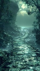 Obraz premium Stone Path Leading Through Misty Forest and Water Reflection