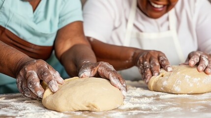 Fototapeta premium Two bakers joyfully knead dough together to create delicious homemade bread