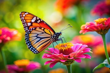 Fototapeta premium Vibrant Butterfly on Blooming Flower in Nature's Splendor - Colorful Insect Photography, Floral Beauty, Macro Shot, Wildlife, Spring, Summer, Garden Scene