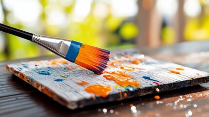 Fototapeta premium Close-Up of a Vibrant Paintbrush Resting on a Wooden Surface with Paint Drops in Natural Light