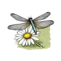 Dragonfly on Daisy, Hand-Drawn Illustration, Blue and White, Insect, Nature, Flower, Illustration