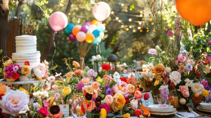 Fototapeta premium a place to celebrate children's birthdays with flower decorations and balloons with a big birthday cake