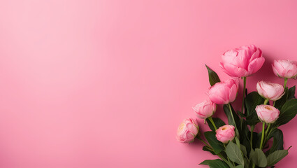 Fototapeta premium The background is a soft, pastel pink that brings a calming and lighthearted feeling to the scene. The pink shade is warm, with a smooth and even texture that fills the space. It adds a gentle,