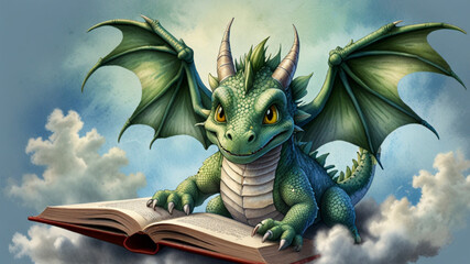 Fototapeta premium Whimsical illustration of a dragon enjoying literature in a fantastical cloudscape.