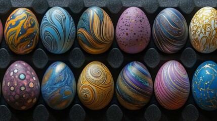 Fototapeta premium Decorated Easter Eggs in a Black Egg Carton