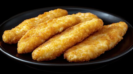 Four golden brown, breaded fish sticks on a black plate.