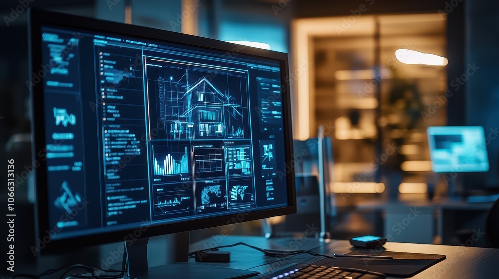Poster modern computer screen with decentralized data display
