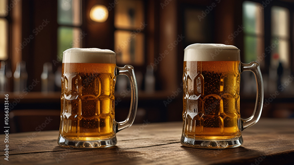 Wall mural two ice-cold mugs of beer on an old wooden table in a pub