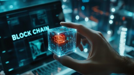 Hand holding a glowing cube representing blockchain technology with the word "blockchain" displayed on a laptop screen.