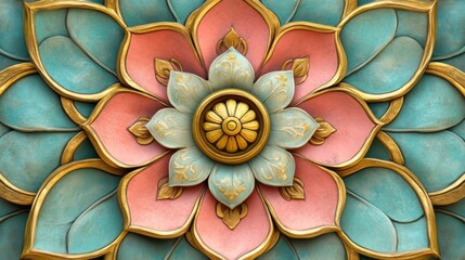 Intricate Carved Flower Pattern in Pink, Blue, and Gold