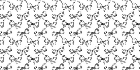 Hand drawn bows pattern. Hair bows vector pattern. Black line cute bows on white background. Bows pattern for gift decoration cover.