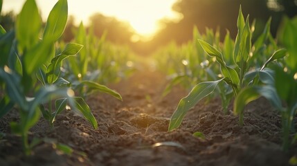 Fototapeta premium corn field or maize field at agriculture farm in the morning sunrise 