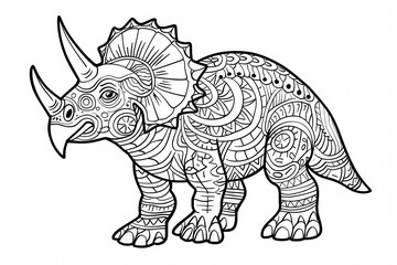 Intricate black and white illustration of a Triceratops with decorative patterns, perfect for coloring enthusiasts.