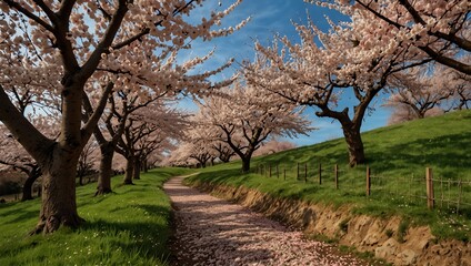 Fototapeta premium tree in bloom , A path winds through a hillside lined with blossoming pink trees. Green grass and a partly cloudy sky.