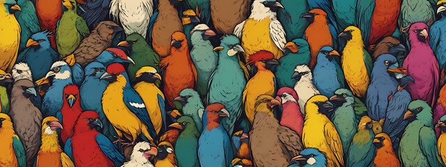 llustration of a Literal "Birds of a Feather" Featuring Different Birds Standing Together, Representing Unity