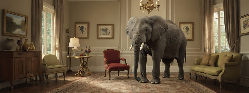 A Literal "Elephant in the Room" Illustration with an Elephant Squeezed in a Tiny Living Room