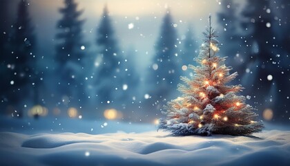 A serene winter scene featuring a beautifully decorated Christmas tree surrounded by snow, evoking a festive and magical atmosphere.