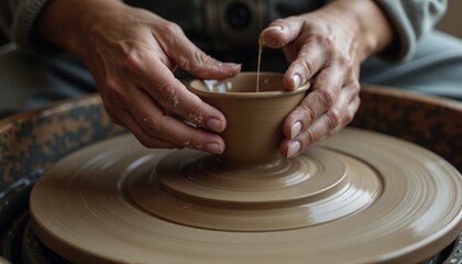Potter shaping clay bowl on spinning wheel with focused hands in artisanship