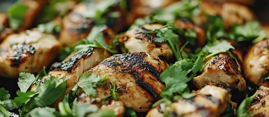 A close-up of Ayam Bakar (grilled chicken) with fresh herb
