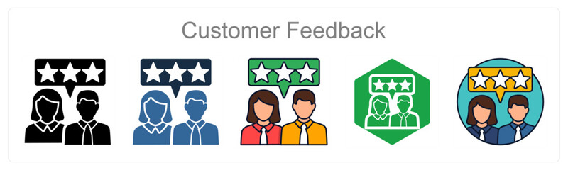 A set of 5 Customer Feedback icons as Review, Rating, Survey