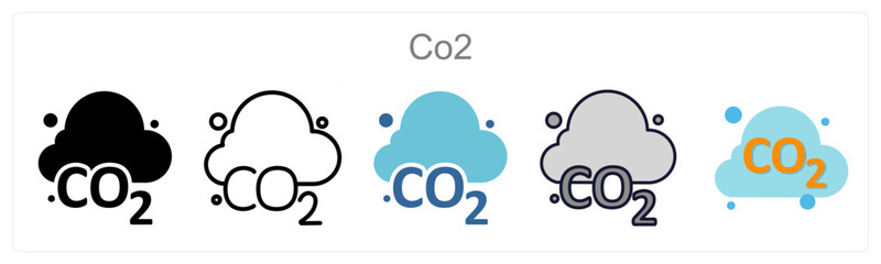 A set of 5 CO2 icons as Carbon, Emission, Climate