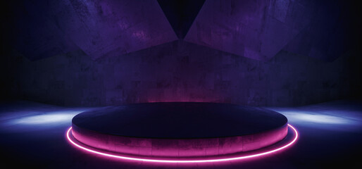 Alien Grunge Futuristic Cyber Sci Fi Stage Podium Concrete Warehouse Corridor Tunnel Studio Underground Hangar Blue Vibrant Lasers Neon Lights 3D Rendering