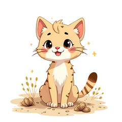 Obraz premium Celebrate the joy of a playful kitten in a whimsical desert oasis, digital illustration of cute animal concept.