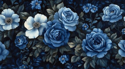 Blue Roses and White Flowers in a Dark Garden