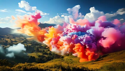 A vibrant explosion of colorful smoke billows across a lush landscape under a bright blue sky, creating a stunning visual spectacle.