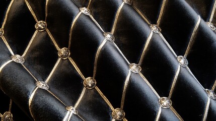 Fototapeta premium Black Velvet Fabric with Gold Embroidered Diamond Pattern and Crystal Studs