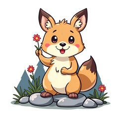 Celebrate the joy of nature with a charming fox holding a flower in its paw, digital illustration of character design concept.