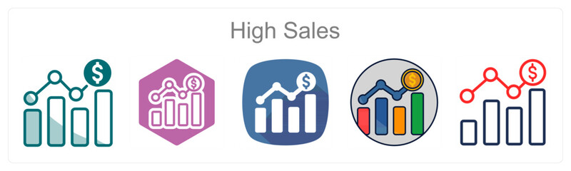 A set of 5 High sales icons as Profit, Revenue, Growth