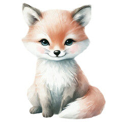 Obraz premium Cute baby fox with large eyes, red and white fur, and fluffy tail, isolated on transparent background.