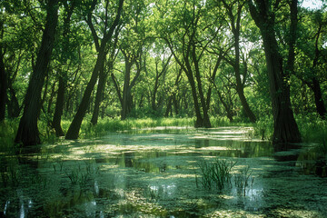  A dense forest of green trees, surrounded by the shimmering water and lush vegetation in an expansive swamp.