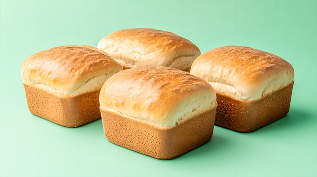 This image shows four soft square loaves of bread with a golden-brown top and soft texture, resting on a pale green background, emphasizing freshness and home-baked quality.