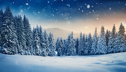 A serene winter landscape featuring snowy pine trees under a twilight sky, creating a calm and tranquil atmosphere with falling snowflakes.