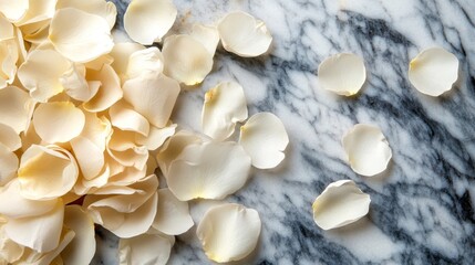 White Rose Petals Scattered on Marble