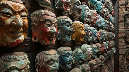 Obraz premium An ancient shrine adorned with hundreds of ceramic masks each said to hold the essence of a powerful deity.