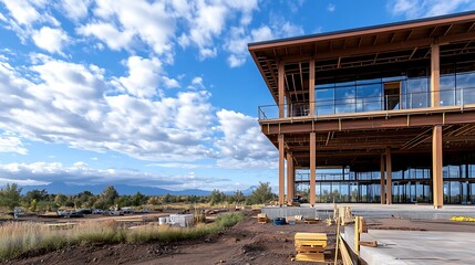 Construction of a New House with Wooden Frames Under a Bright Blue Sky
