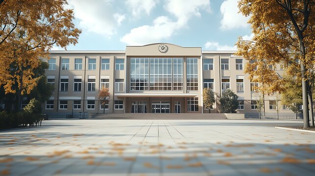 A school building with trees in front
