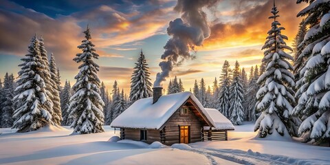 Fototapeta premium A wooden cabin nestled amongst snow-laden pine trees with smoke rising from its chimney, illuminated by the golden hues of a winter sunset.