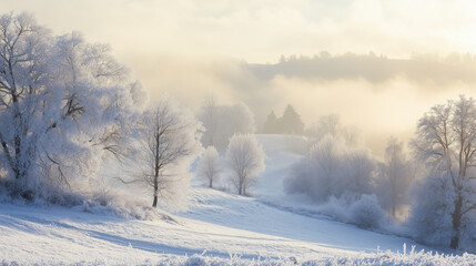 Fototapeta premium Frosty winter landscape with mist and gentle sunlight